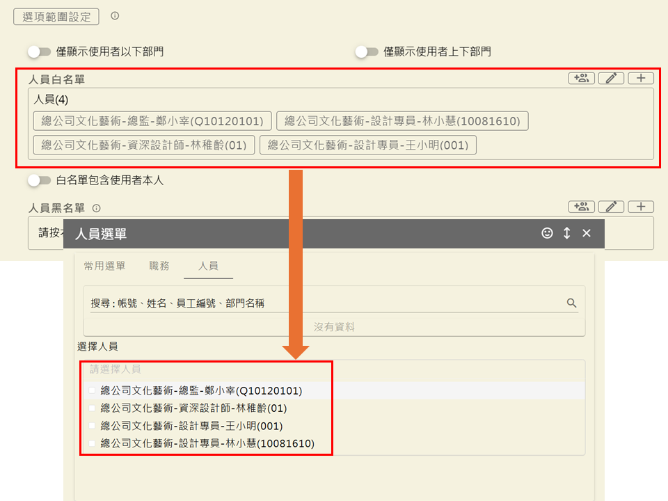 人員選擇範圍設定與簽核時可選擇的人員名單