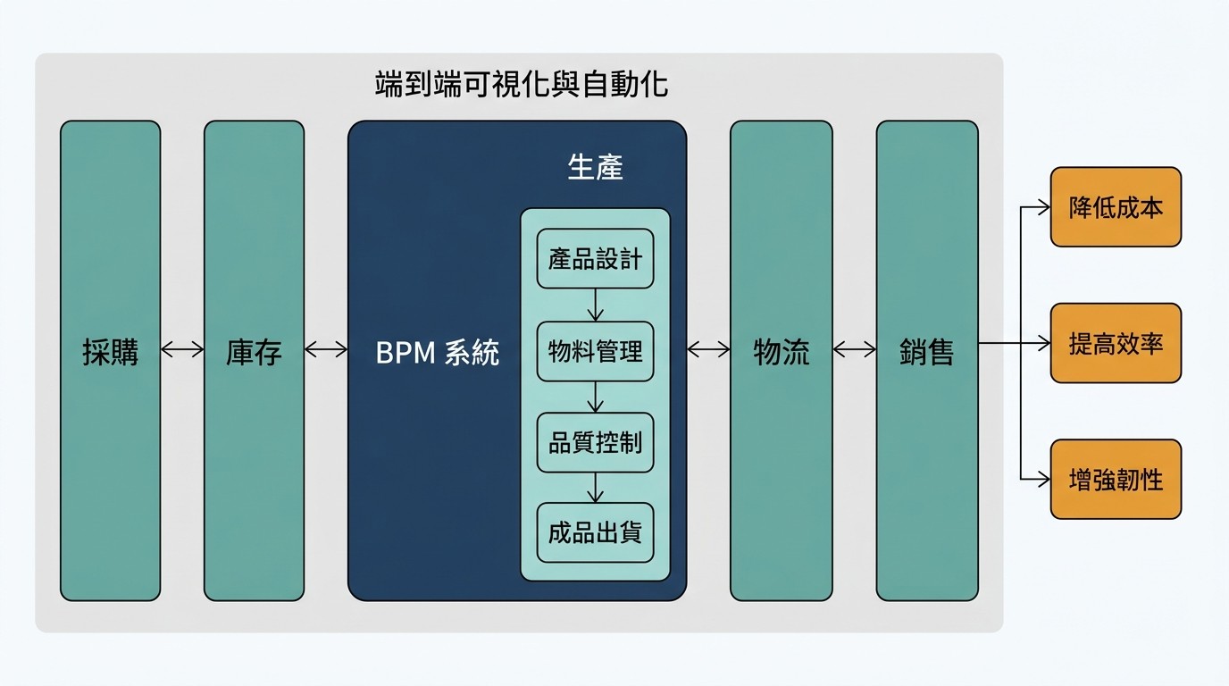 扁平化系統架構圖。BPM 系統整合供應鏈核心環節，實現端到端可視化與自動化，效益包含降低成本、提高效率、增強韌性。