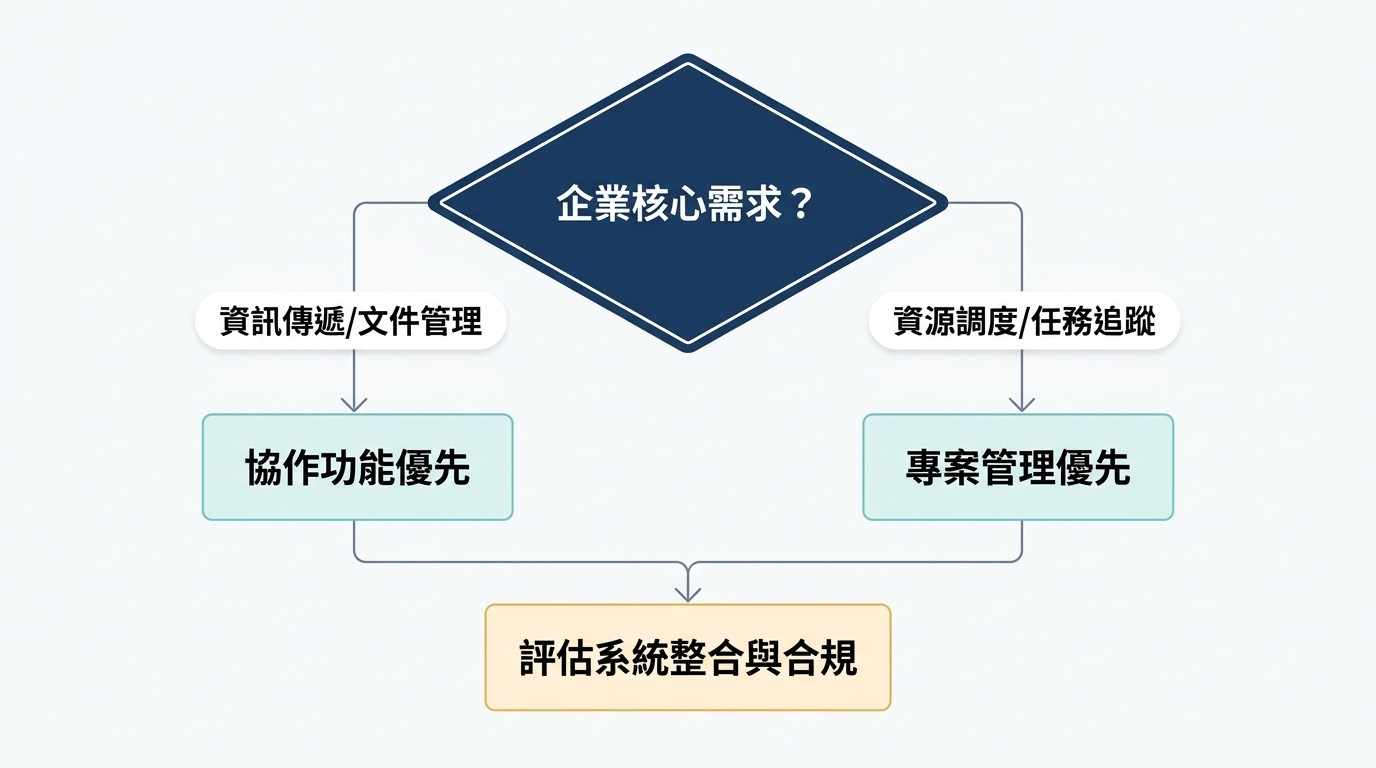 扁平決策樹圖，顯示企業 EIP 導入前，依核心需求選擇功能，並評估系統整合與合規的流程。