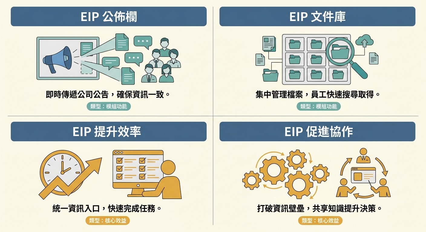 四格圖解 EIP 系統的公佈欄、文件庫模組功能，以及提升效率、促進協作的核心效益。