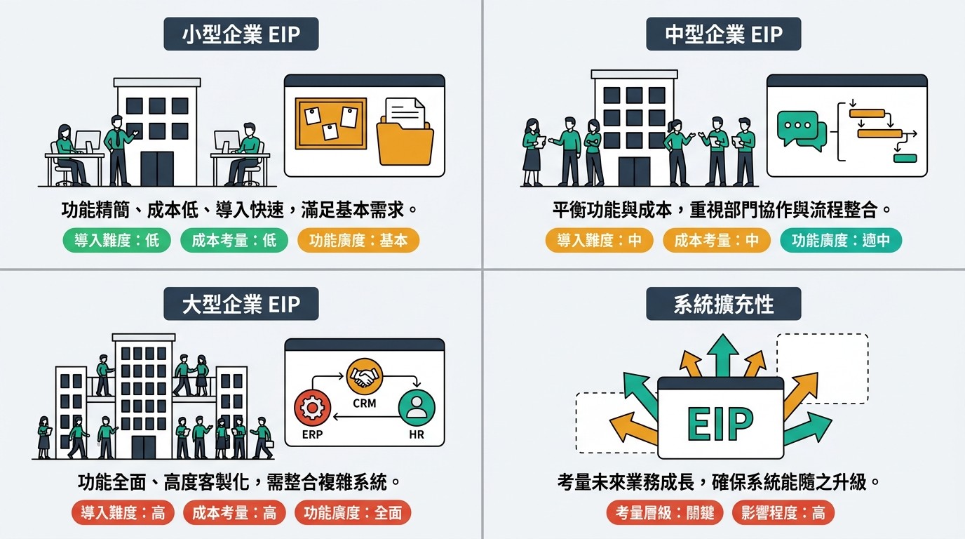 一張 2x2 網格資訊圖，比較不同規模企業選擇 EIP 系統的考量。包含小型、中型、大型企業需求與系統擴充性。