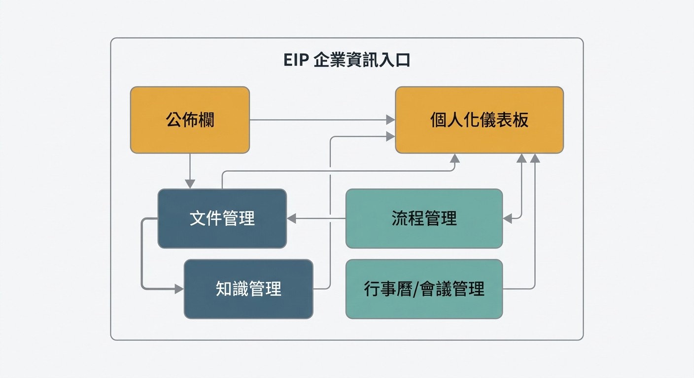 EIP 系統架構圖，顯示公佈欄、文件管理、知識管理、流程管理、行事曆、個人化儀表板六大模組及其資訊流向。