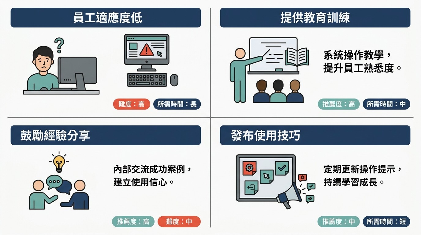 四格圖解 EIP 系統導入挑戰與策略。包含員工適應度低、教育訓練、經驗分享、使用技巧發布。