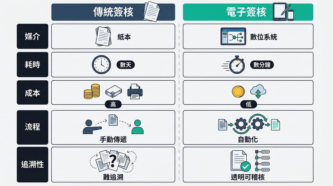 扁平雙欄對比圖，左欄「傳統簽核」與右欄「電子簽核」比較媒介、耗時、成本、流程與追溯性。