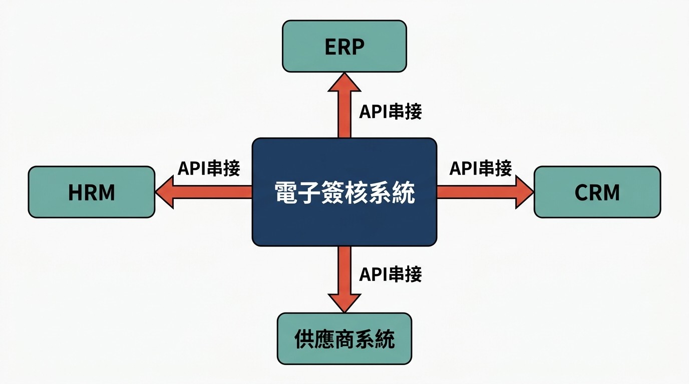 一張扁平的系統架構圖，中央是電子簽核系統，透過API串接ERP、HRM、CRM及供應商系統，顯示資訊自動化流動。