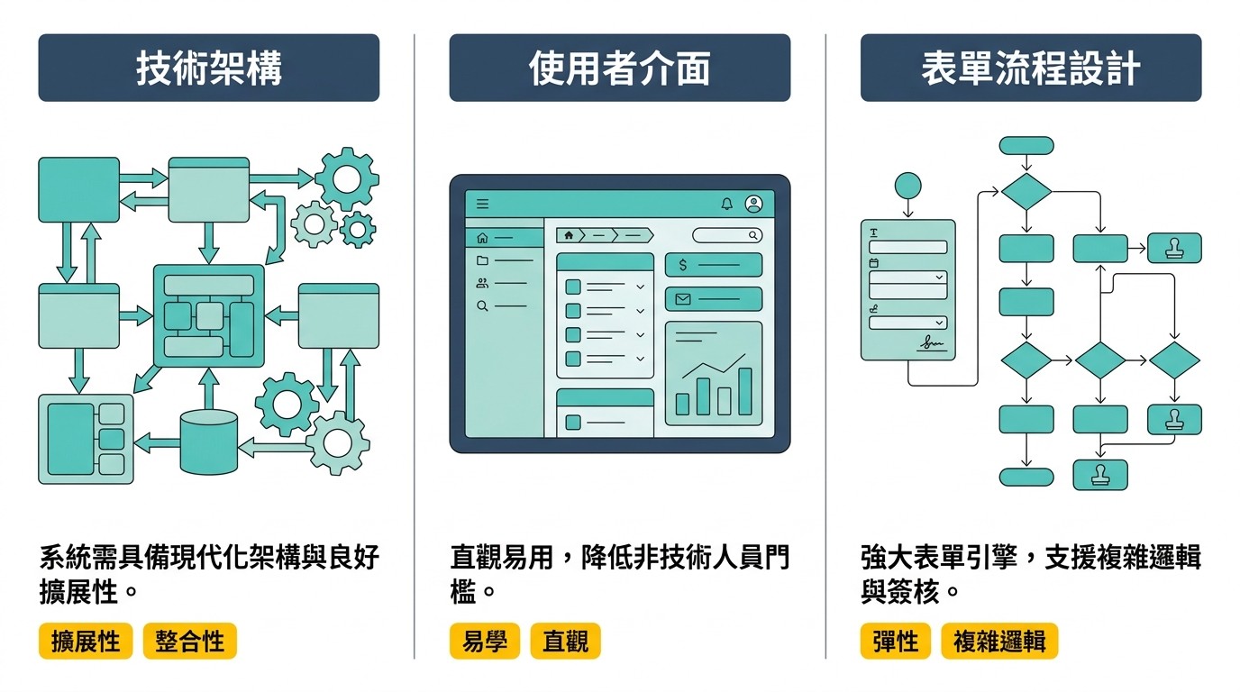 圖解說明挑選流程管理系統的三大評估維度：技術架構、使用者介面、表單流程設計，每個維度以獨立面板呈現。
